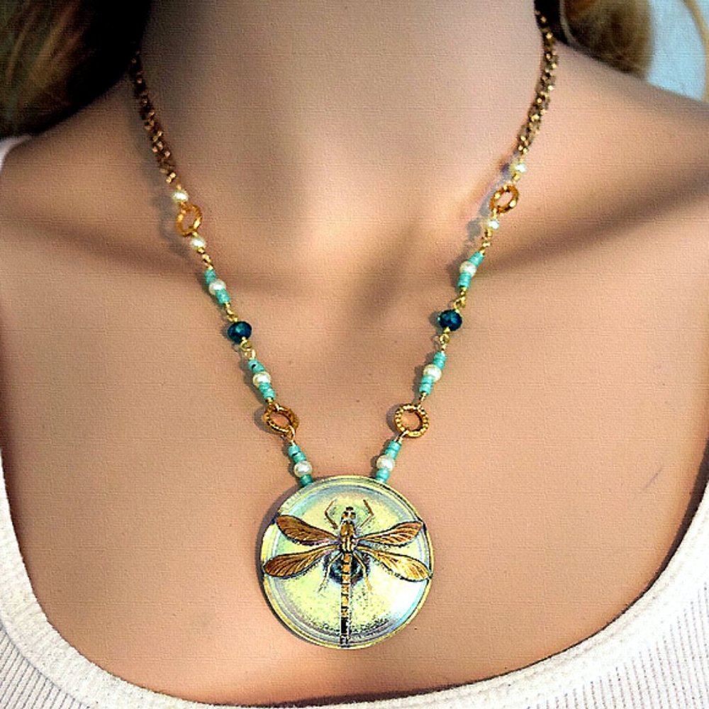 SOLD: Dragonfly Czech Glass Button on 18" Beaded Chain - Picture 1 of 3